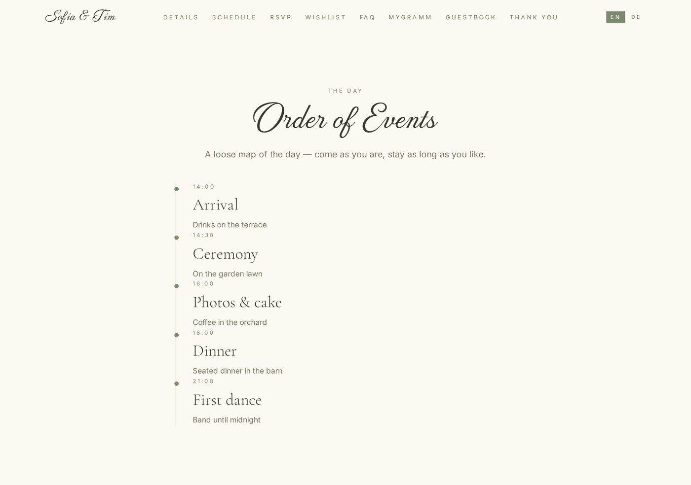 The schedule page of a wedding site